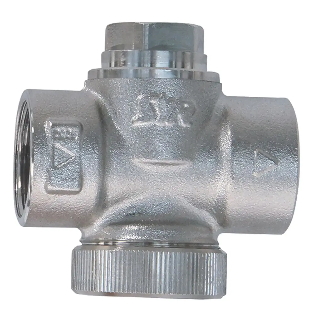 Metallischer Ventilkörper von Syr mit zwei Anschlussgewinden und einem zentralen Gewinde für eine thermische Ablaufsicherung.